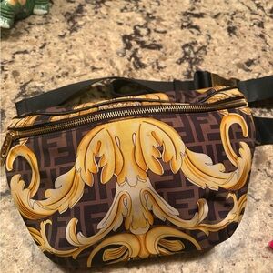 Versace Brown and Gold Baroque Print Belt Bag